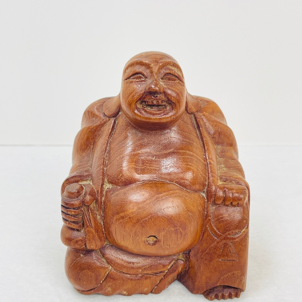 Vintage Hand Carved Wooden Laughing Buddha Hotei Figurine Statue Brown 5.25 Teak